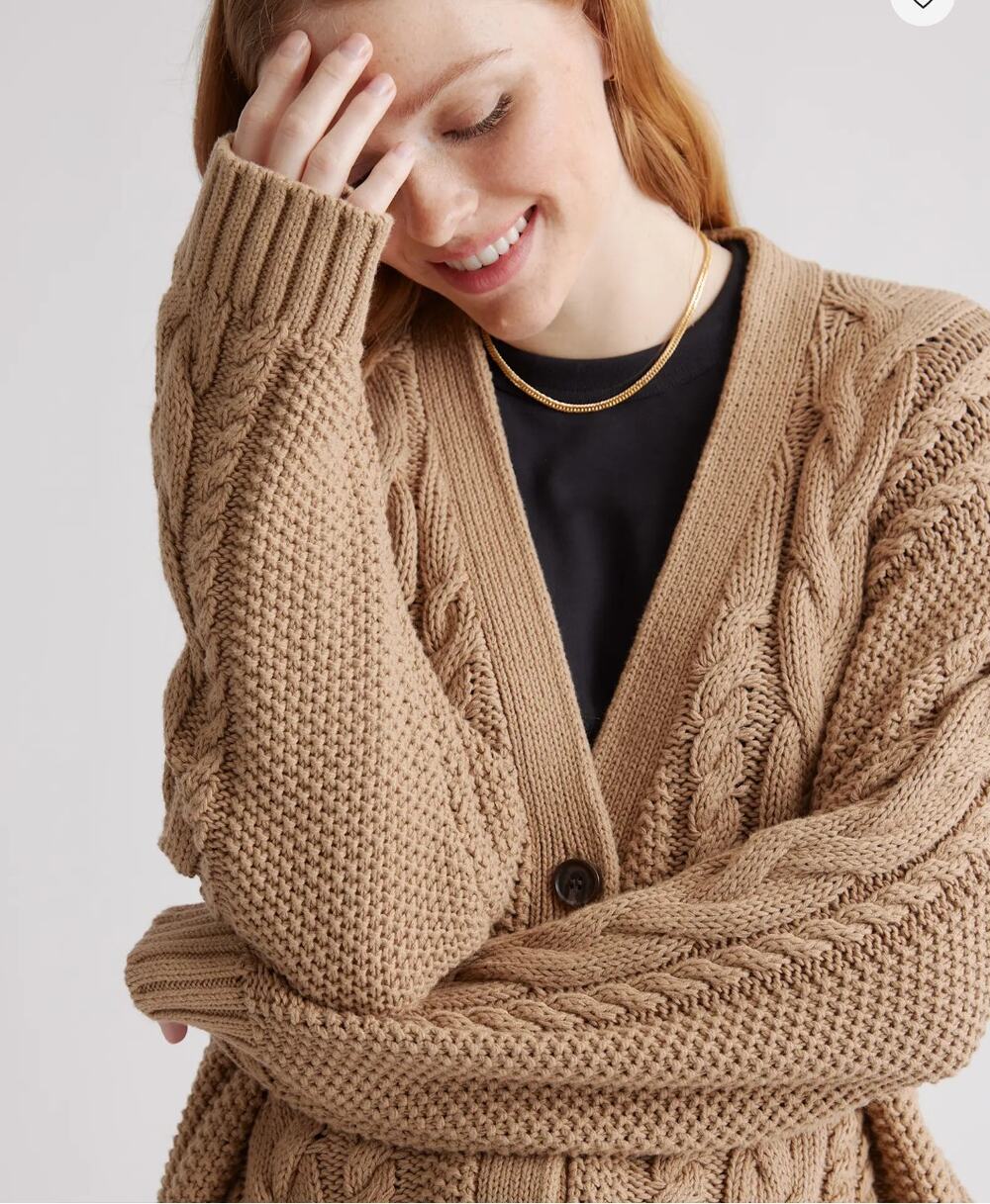 Quince organic cotton oversized cable knit Cardigan camel